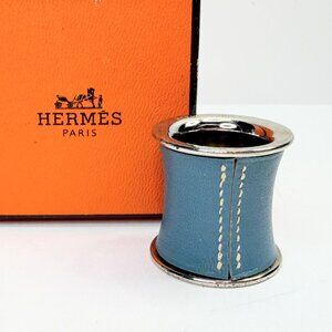 Vintage Hermès Blue Leather Silver Tone Cylindrical Scarf Ring GS747